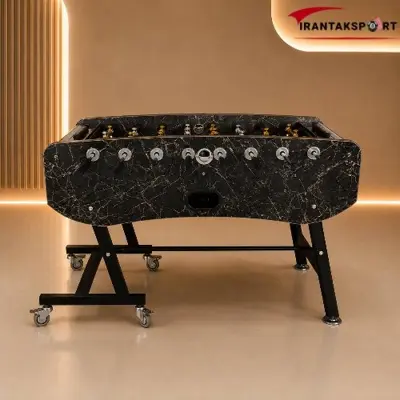 نمای روبه روی فوتبال دستی مدل S12 مشکی رگه دار با پایه تاشو و خروجی توپ - تصویر اصلی